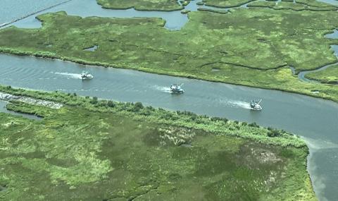 3 boats cruise down a river surrounded by green marshland
