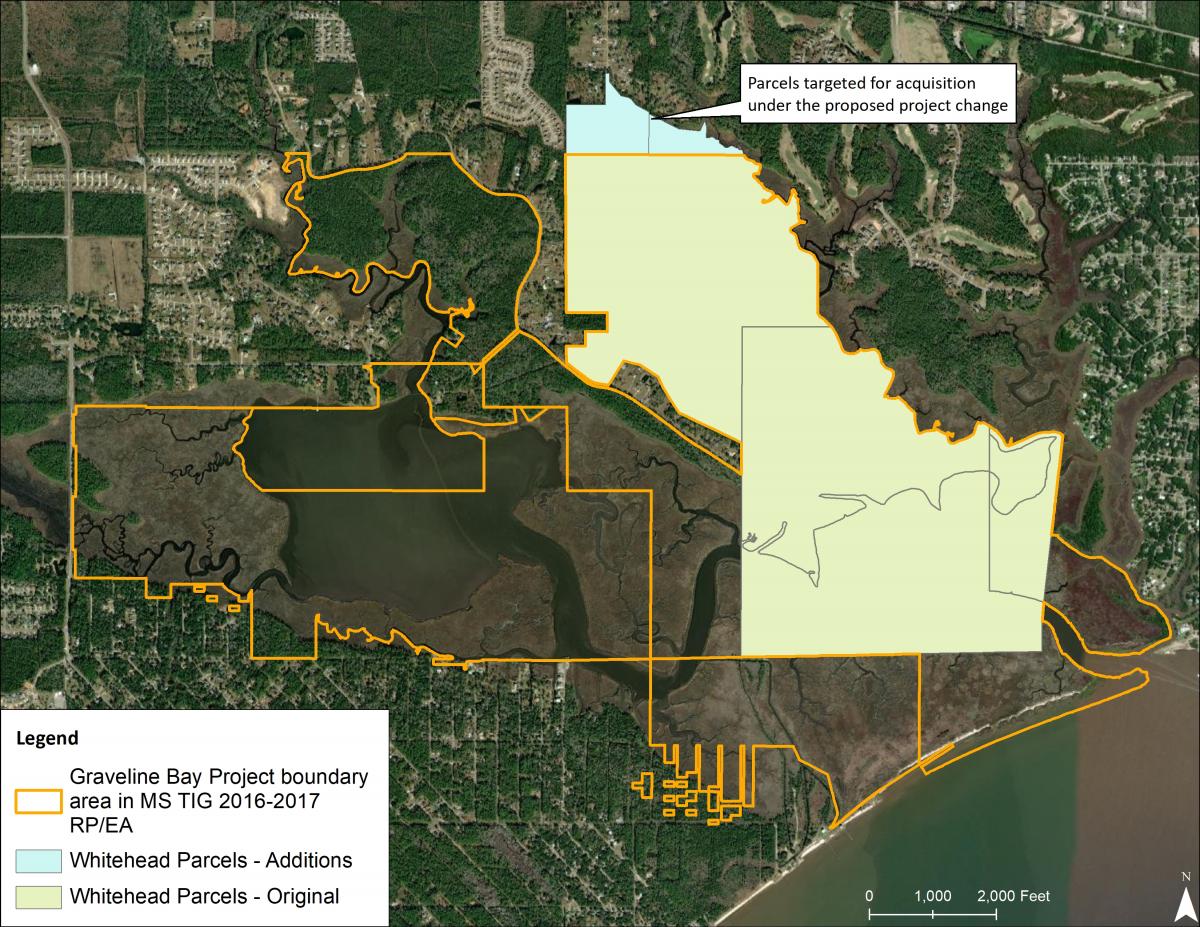 Map of the Graveline Bay project boundary area, original Whitehead Parcels, and Whitehead Parcel additions
