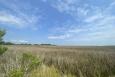 a grassy meadow is shown in front of blue skies