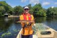 Staff recording data on adult Gulf sturgeon in the field (Credit: US Geological Survey) a man holds a sturgeon