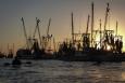 Kayakers paddle around commercial fishing boats at docks as the sun sets.