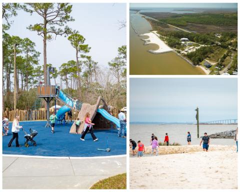 Park visitors can enjoy swimming, boating, and outdoor recreation. a photo grid of 3 photos showing a playground, beach area, and aerial