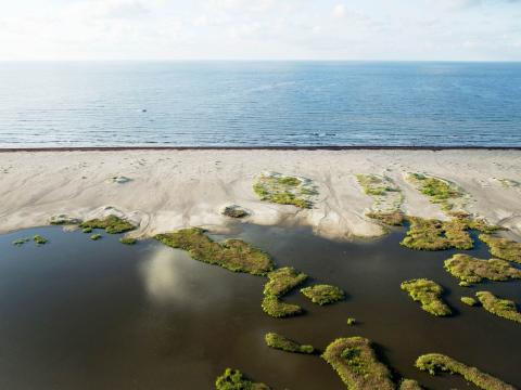 An aerial view of Shell Island East, a barrier island with sand dunes and other habitat also helping with coastal resilience.