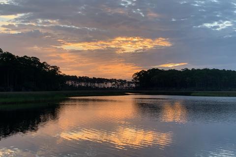 Sun rises behind a line of trees along Bayou Cumbest in Mississippi.