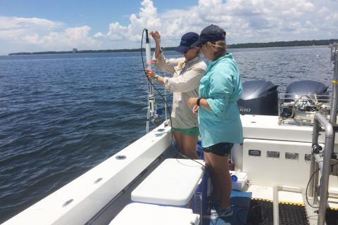 Two scientists on a boat hold a cylindrical monitoring device above the water.