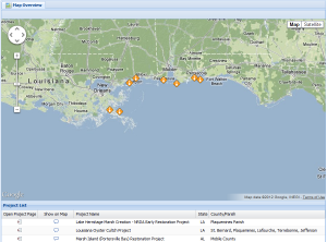 Screenshot of a map showing early restoration project locations