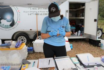 a women with a hat and blue shirt on writes on a labeled test tube